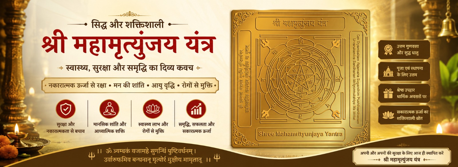 व्यक्तिगत रूप से तैयार शुद्ध तांबे का महामृत्युंजय यंत्र